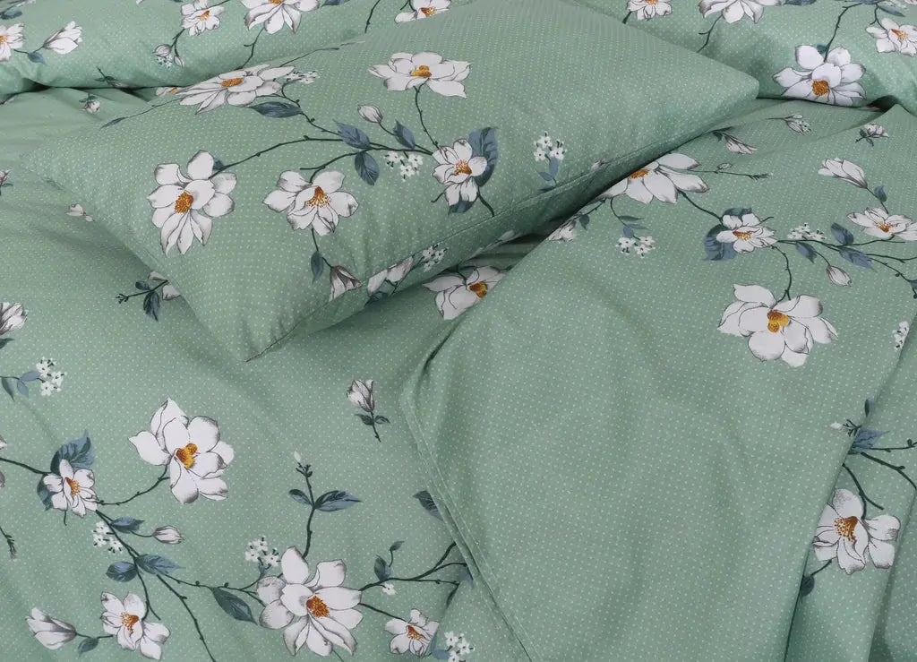 Green Petals Poly Cotton Bed Sheet - 3pc