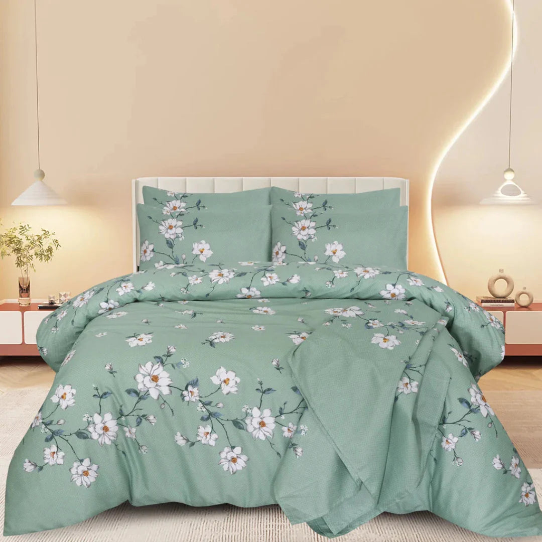 Green Petals Poly Cotton Bed Sheet - 3pc