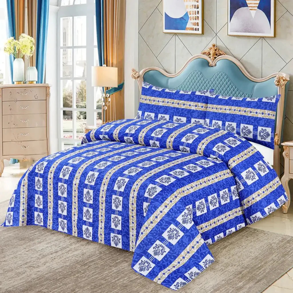 Cotton Bed Sheet Set Blue Boxes Queen